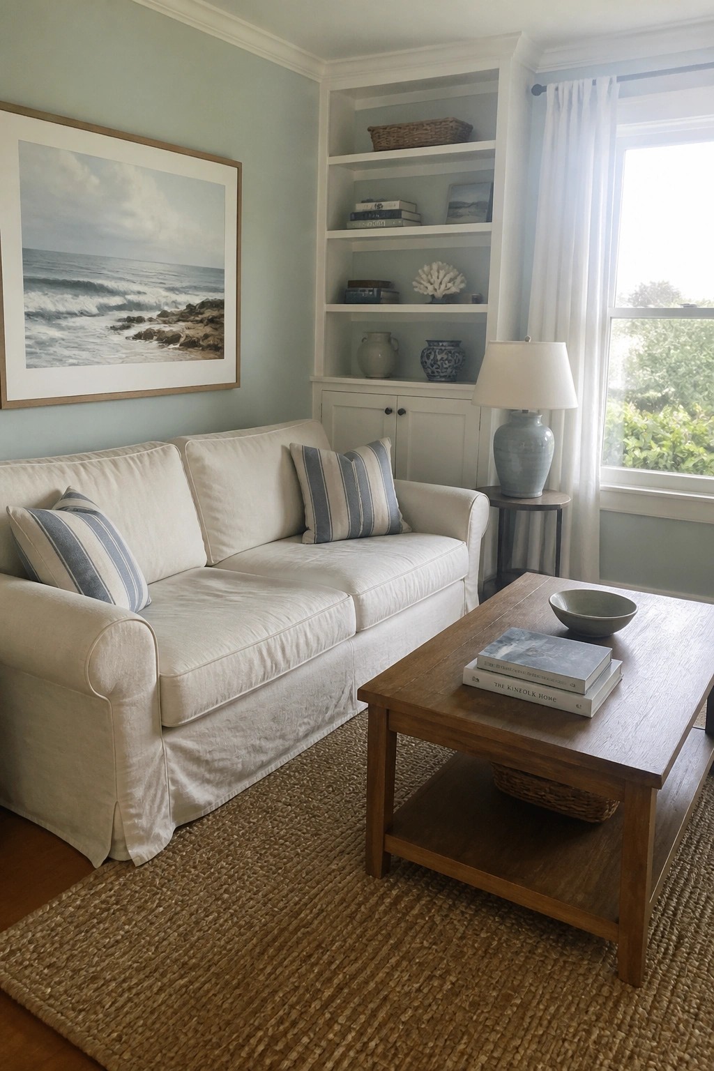 Living room walls and built-in shelves painted in a soft green shade.