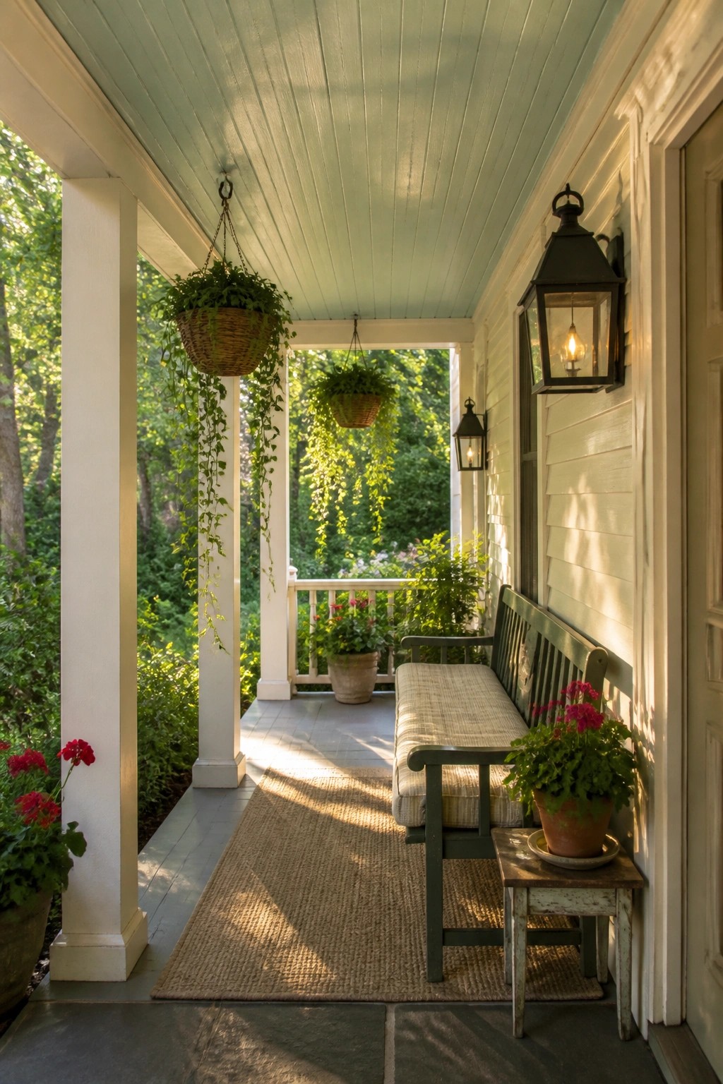 A covered porch with soft green ceiling paint and white trim.