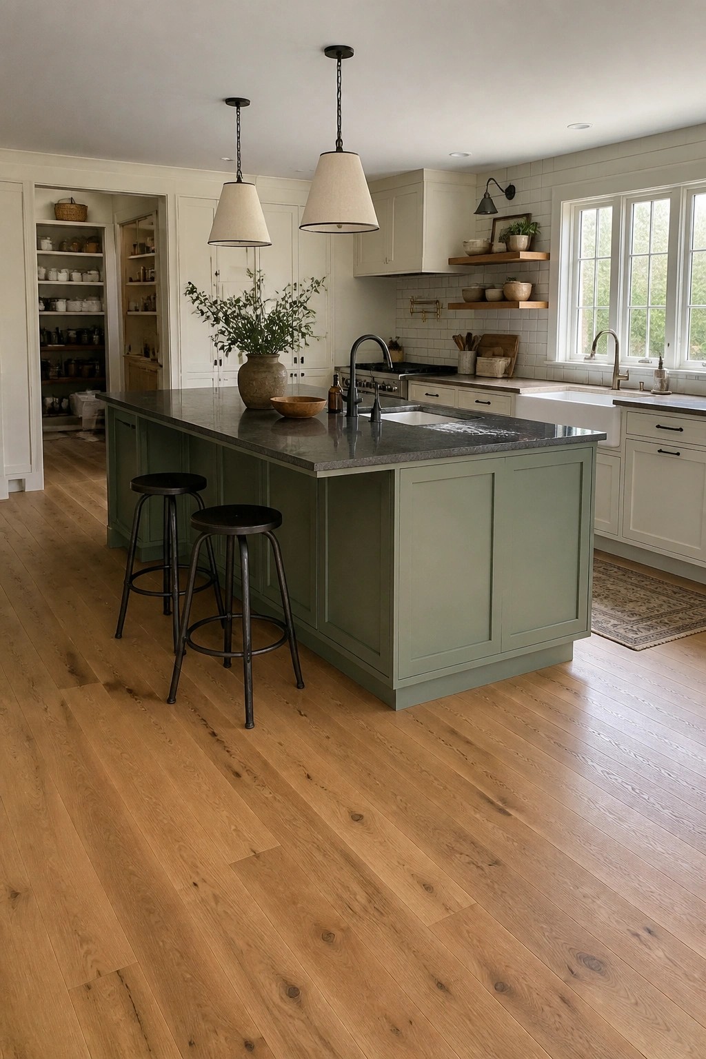 Sage green kitchen island with black stools, pendant lights, and white cabinets