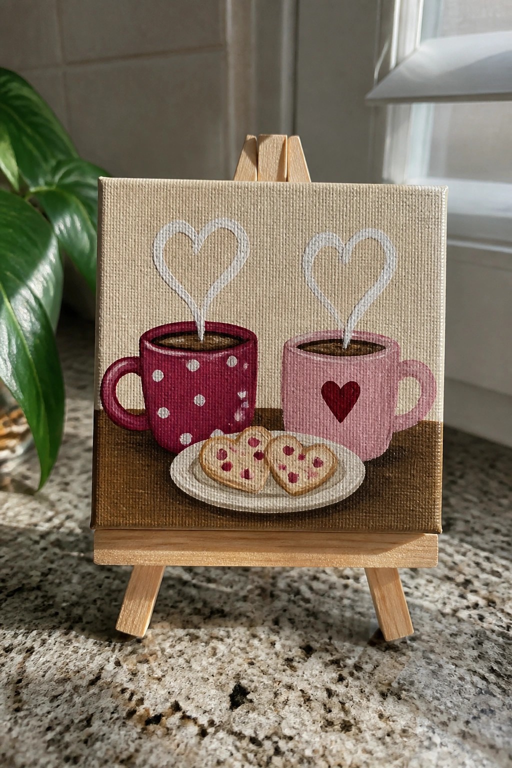 Miniature easel painting of polka-dot magenta mug and pink heart mug with steam hearts above cookies
