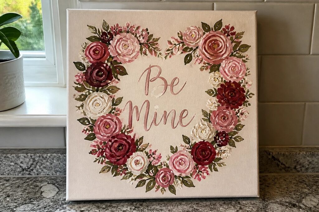 20 Valentine Acrylic Painting Ideas With Romantic Decorative Charm Canvas with pink-purple rose heart wreath and "Be Mine" script on beige background.