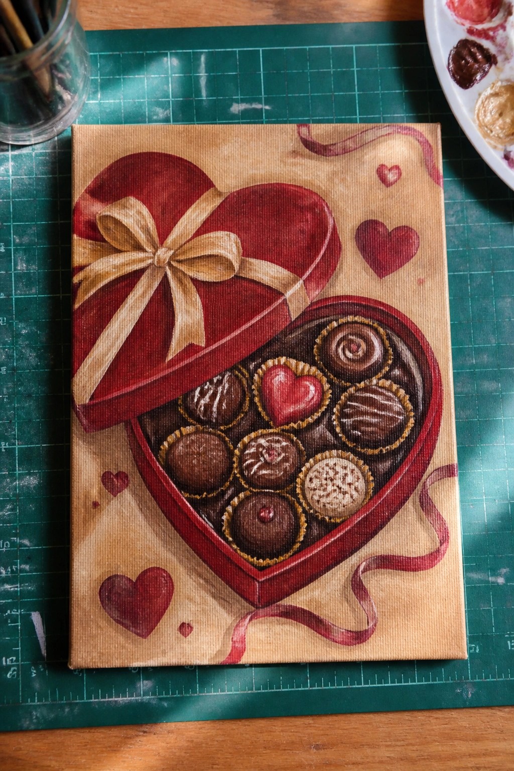 Painting of open red heart box of chocolates with gold bow and hearts