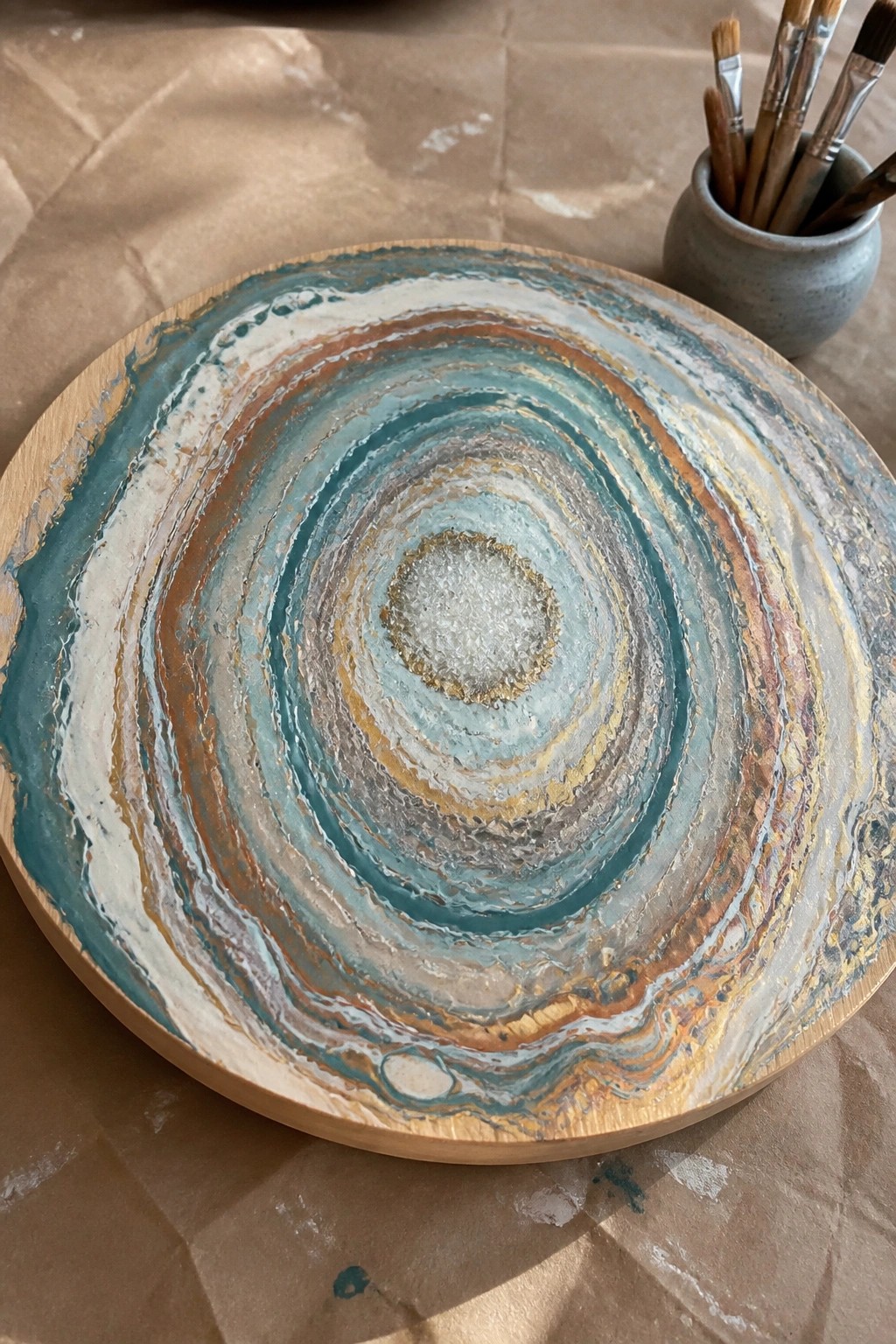 Circular wooden tray with swirling teal, brown, gold, and white fluid art rings