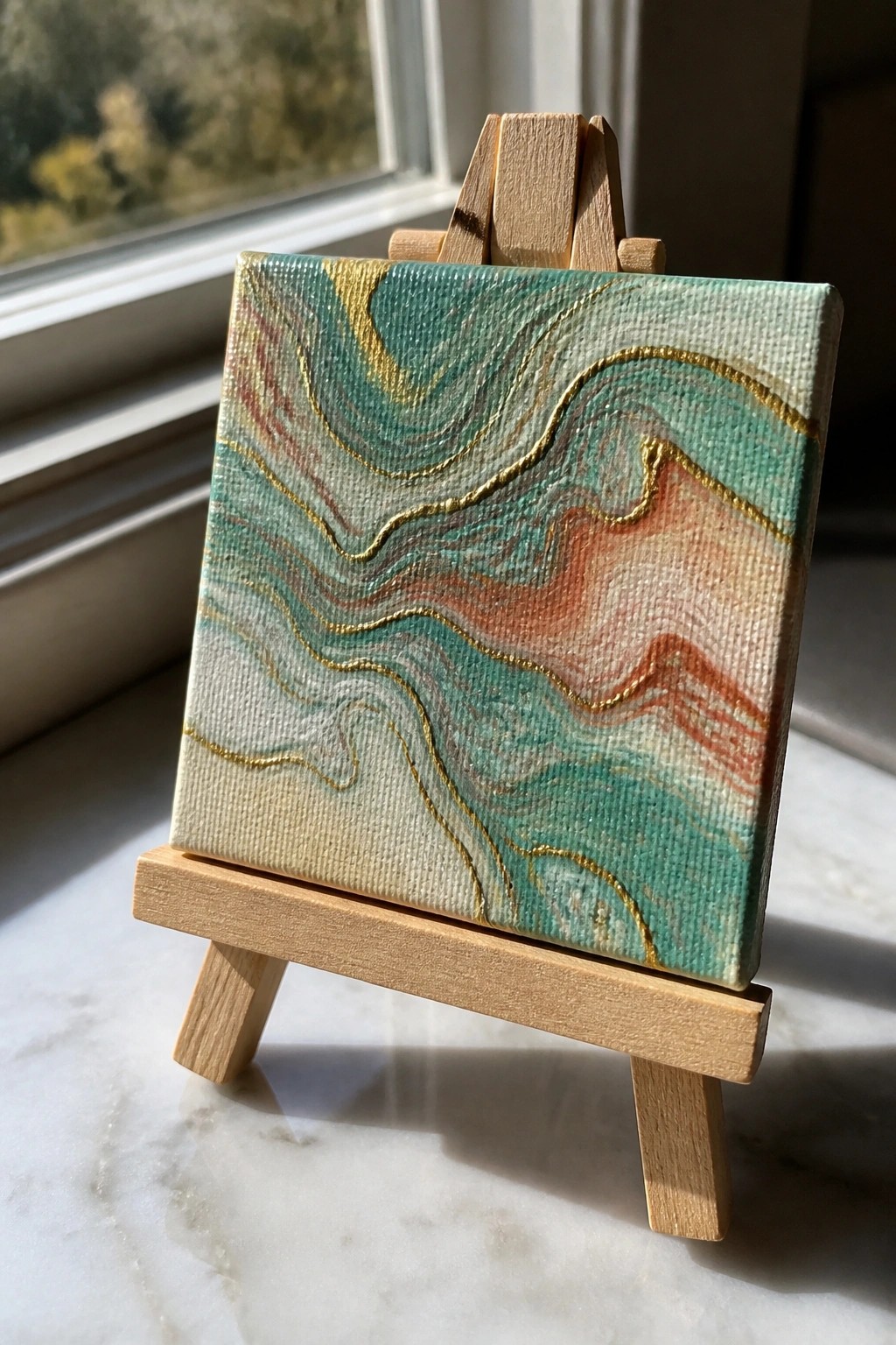 Abstract canvas with teal, coral, and gold swirls on wooden easel.