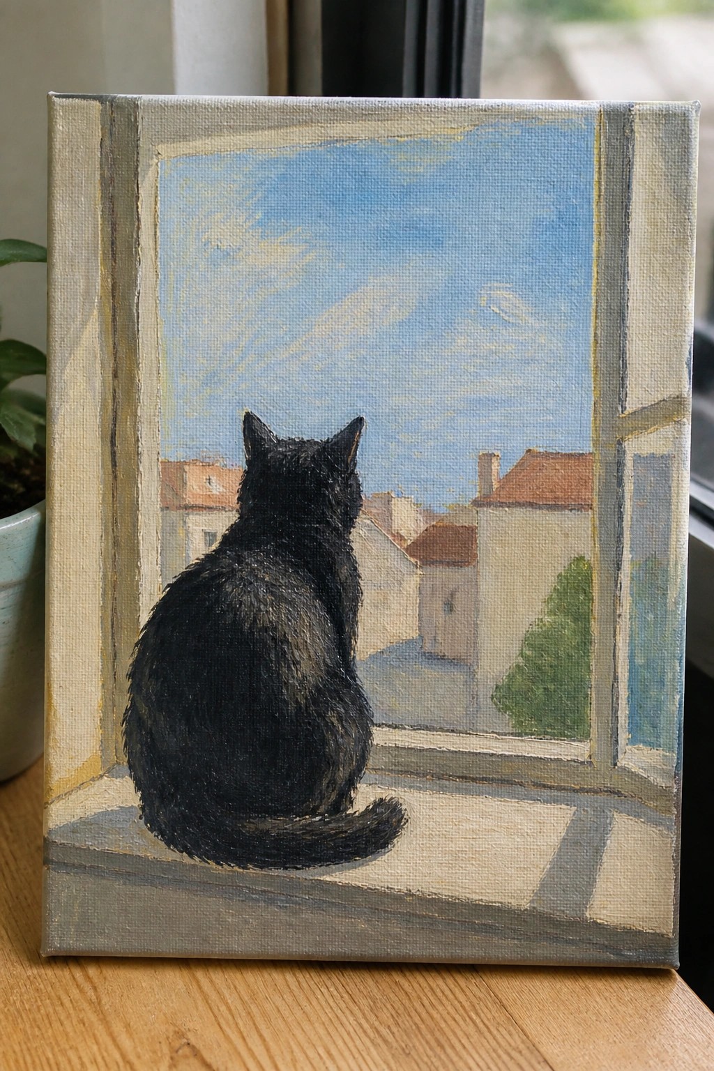 An oil painting of a black cat sitting on a windowsill and looking out at buildings under a blue sky.
