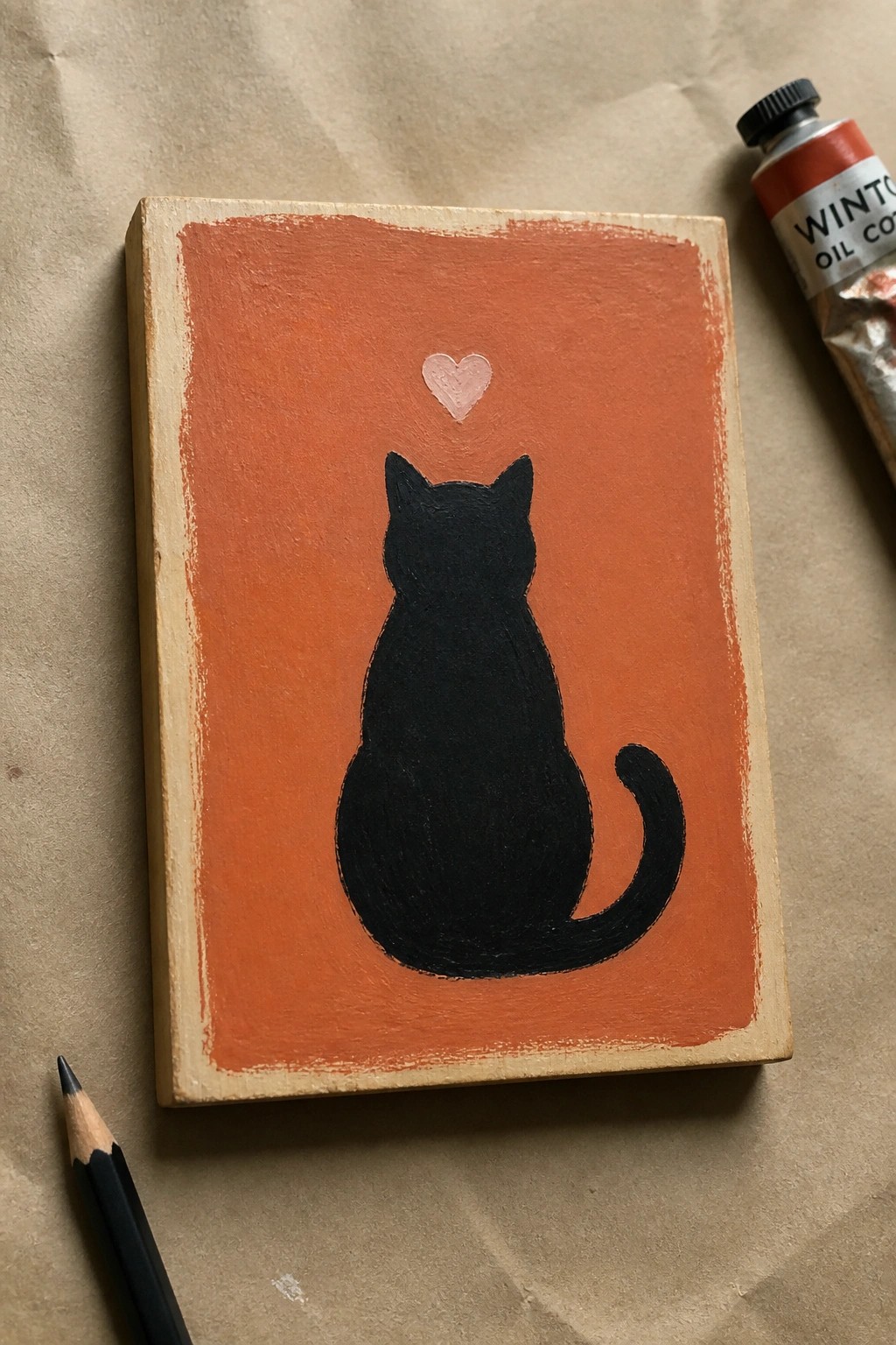 Black cat silhouette with pink heart on orange wooden panel beside paint tube and pencil.