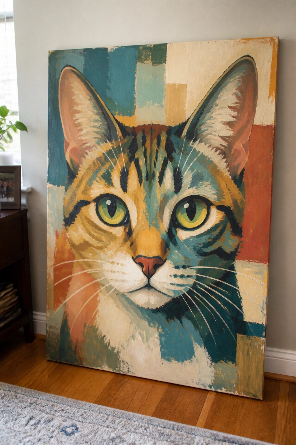 Colorful abstract cat face painting propped on wooden floor in room