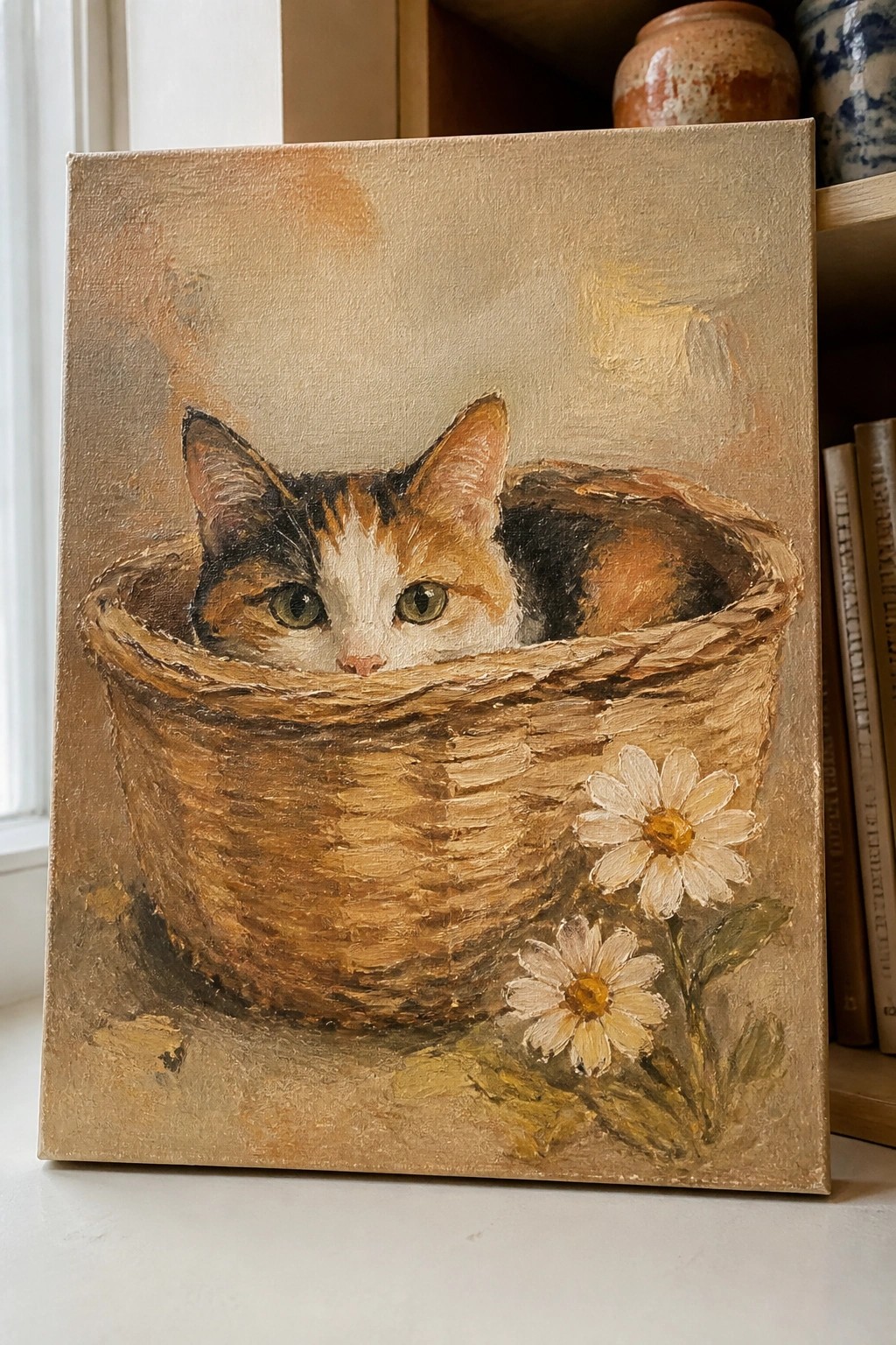 An oil painting shows a calico cat inside a woven basket with two white daisies in the foreground.