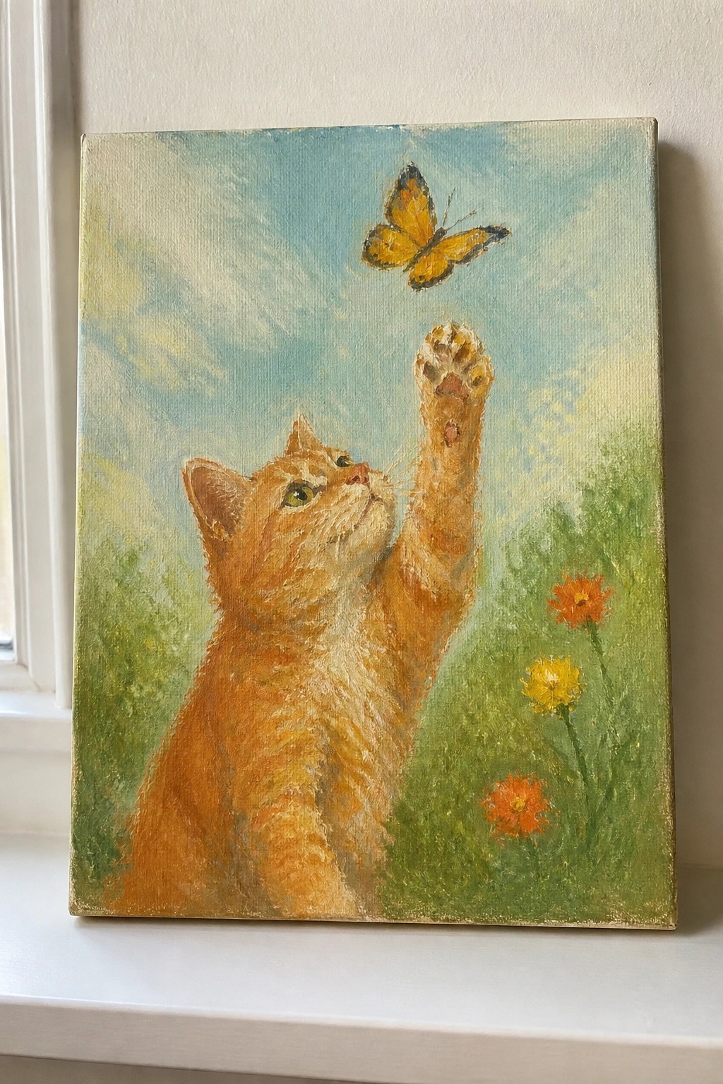 Orange cat raises paw toward yellow butterfly in blue sky with flowers