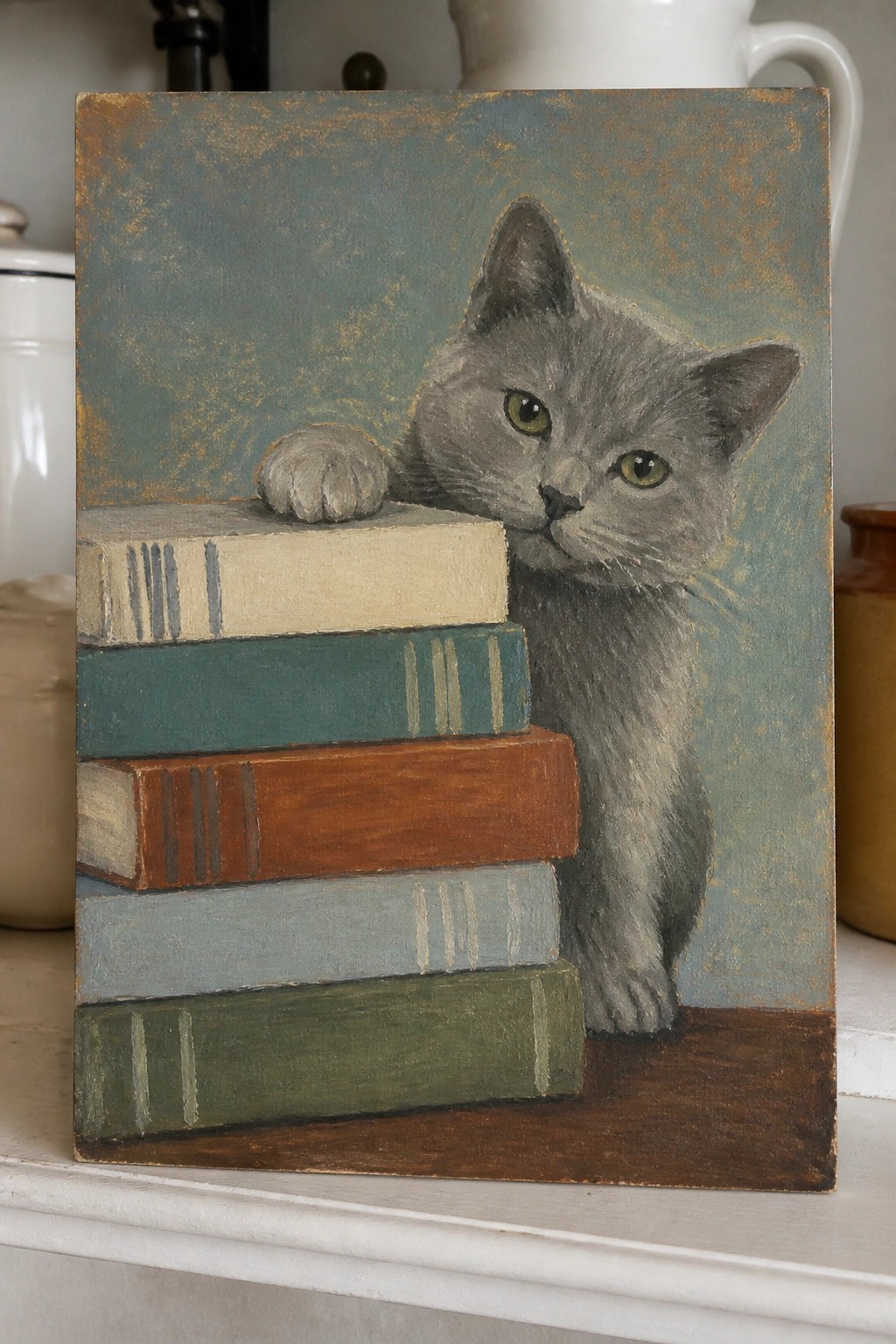 Gray cat rests paw on stack of colorful vintage books in textured painting.
