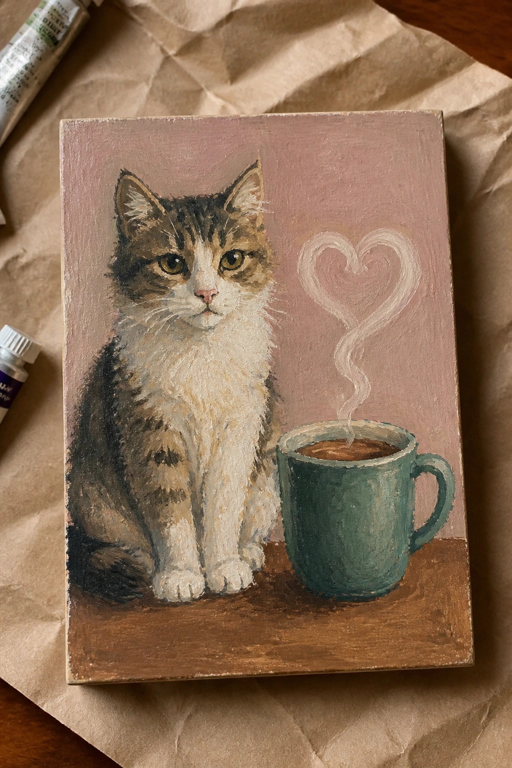 Oil painting of a cat sitting beside a teal mug with steam shaped into a heart on a brown surface.