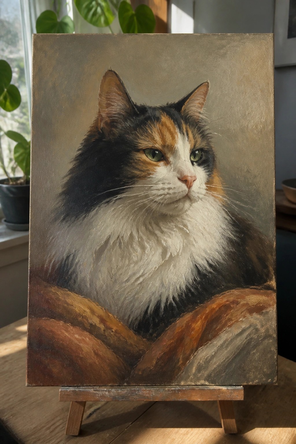 Realistic oil painting of a fluffy calico cat on a wooden easel indoors