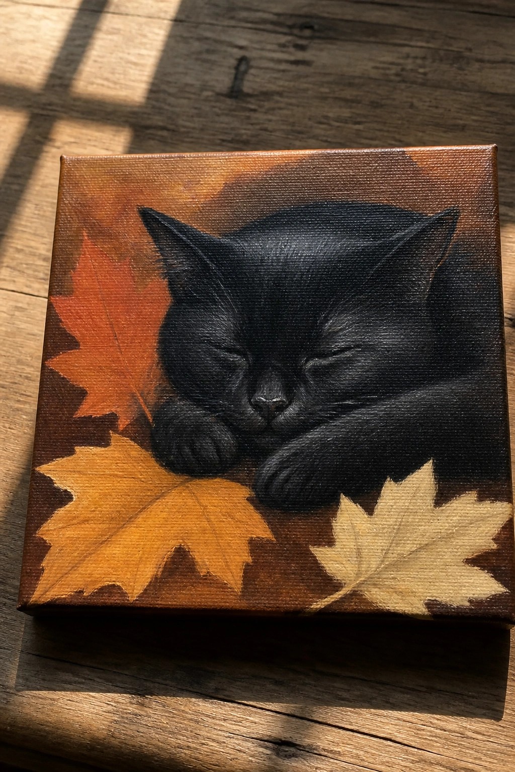 Sleeping black cat with orange, yellow, and beige maple leaves on canvas painting