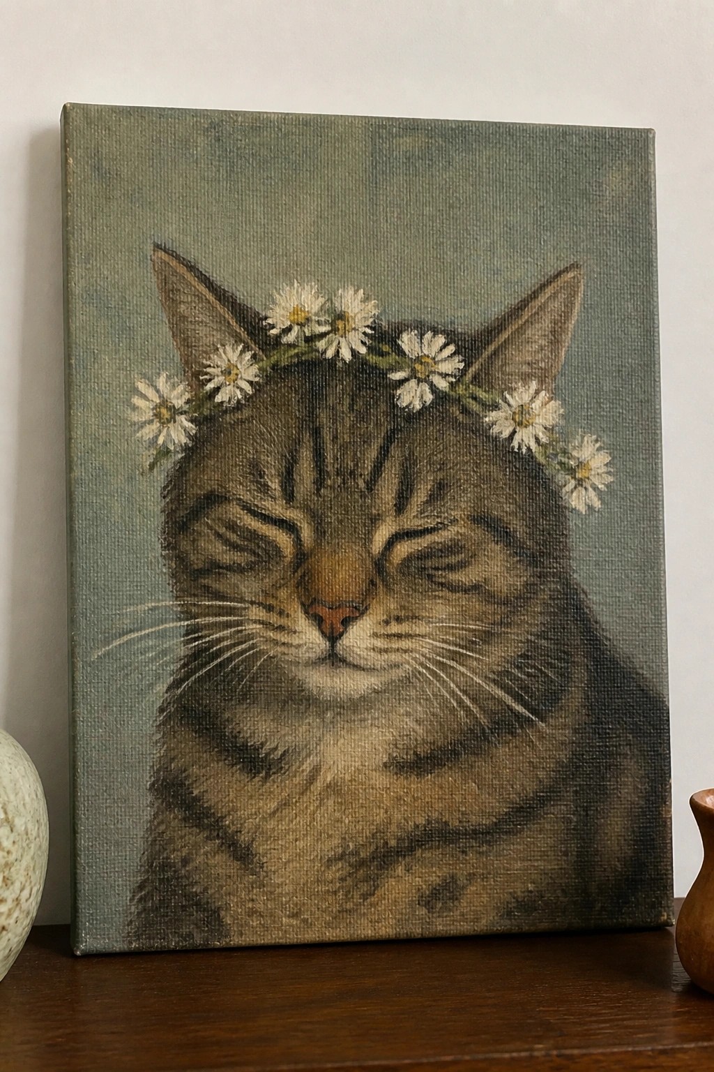 Tabby cat with closed eyes wearing white daisy crown on green canvas