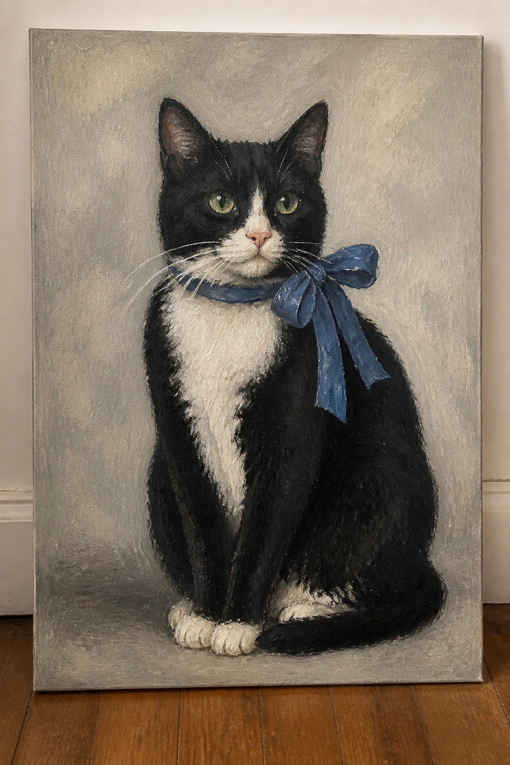 Black and white cat with blue bow against gray painted background