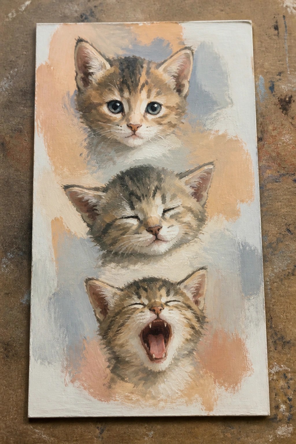 Three stacked tabby kittens: alert blue eyes, sleeping, wide yawning mouth.
