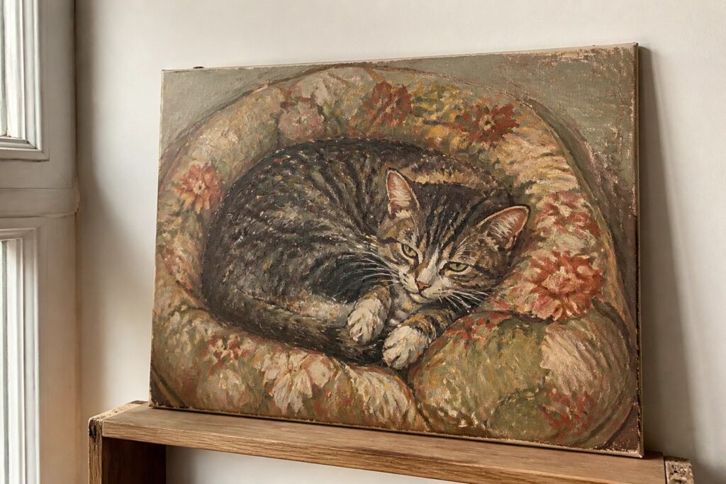 Tabby cat with green eyes curled on rose-patterned green floral cushion in oil painting