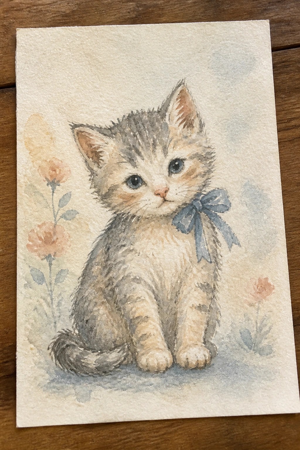 Watercolor of fluffy tabby kitten with blue bow amid soft pink flowers