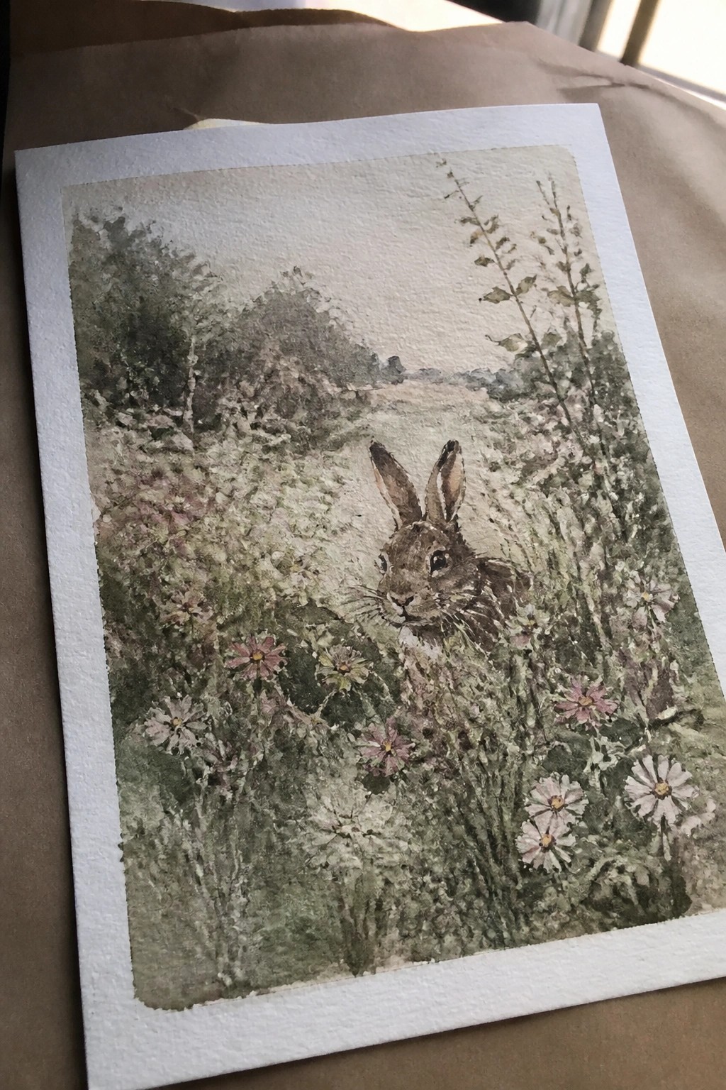 Watercolor painting of a brown rabbit amid pink and white wildflowers in a meadow.