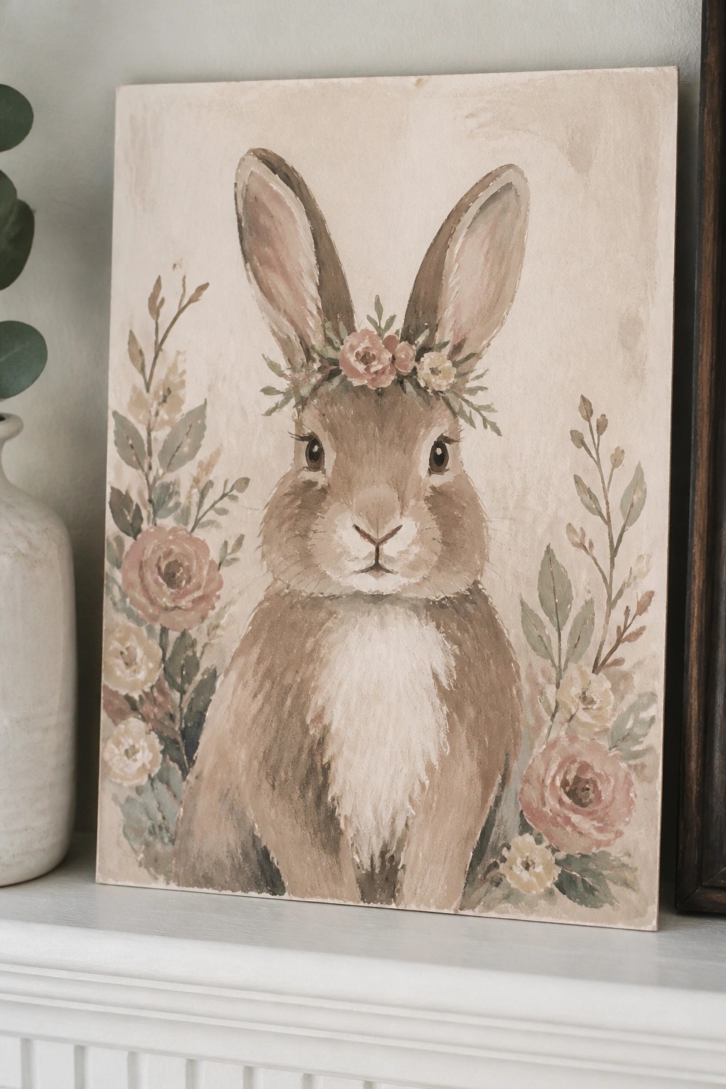 A watercolor-style painting of a brown rabbit wearing a flower crown, with floral clusters on both sides against a light background.