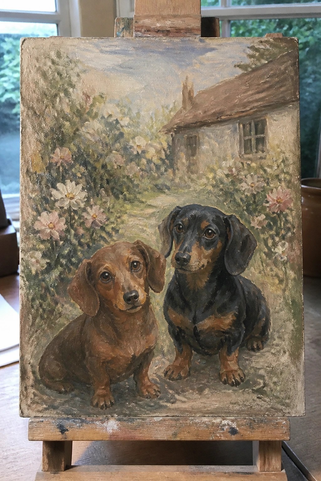 Oil painting on easel of two dachshunds in garden with flowers and cottage.