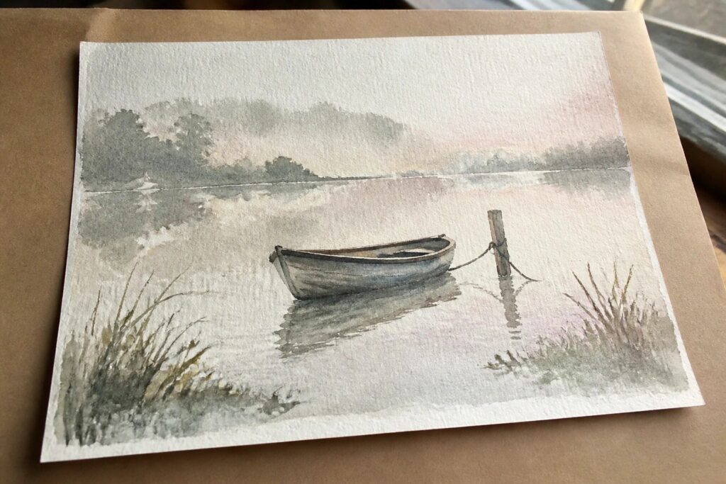 Watercolor of small rowboat tied to post in misty lake at pink sunset with pines