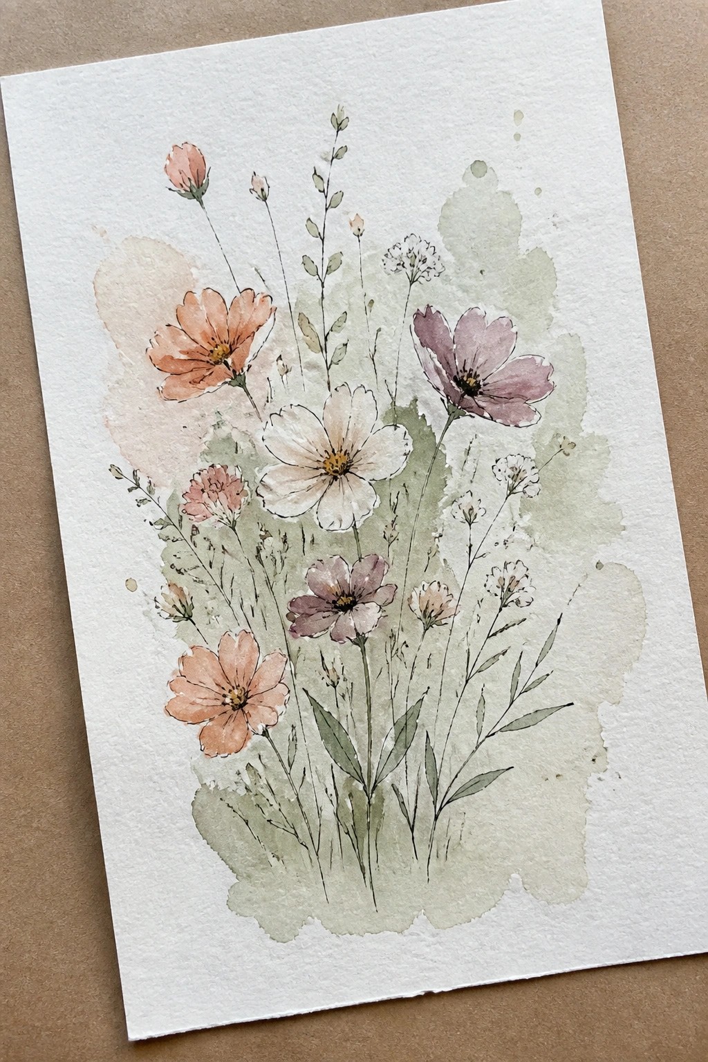 Watercolor of peach, white, and purple cosmos flowers with green stems and leaves