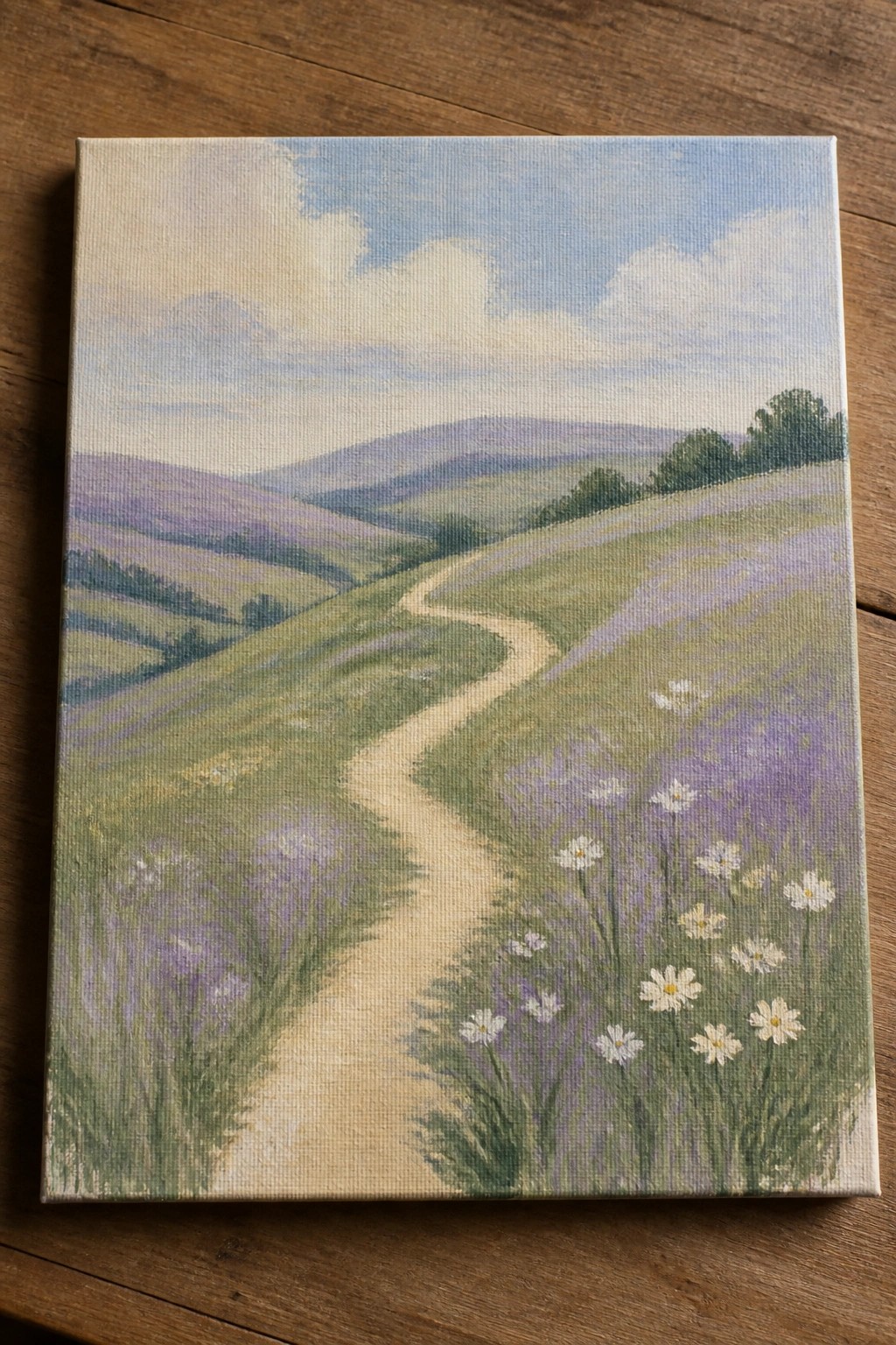 Winding path through rolling purple hills with white wildflowers under a cloudy sky