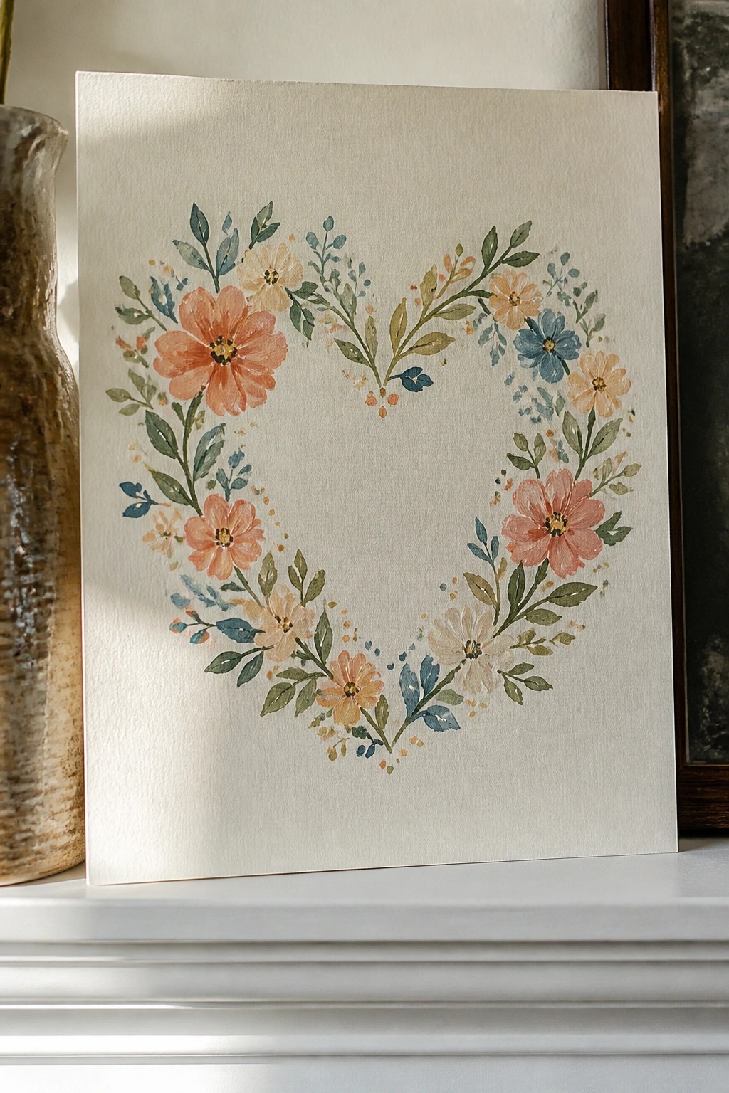 Watercolor heart wreath of peach, coral, blue, and yellow flowers with green leaves