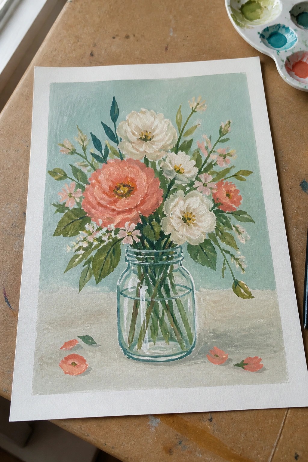 Watercolor of coral roses and white flowers in a glass mason jar with scattered petals