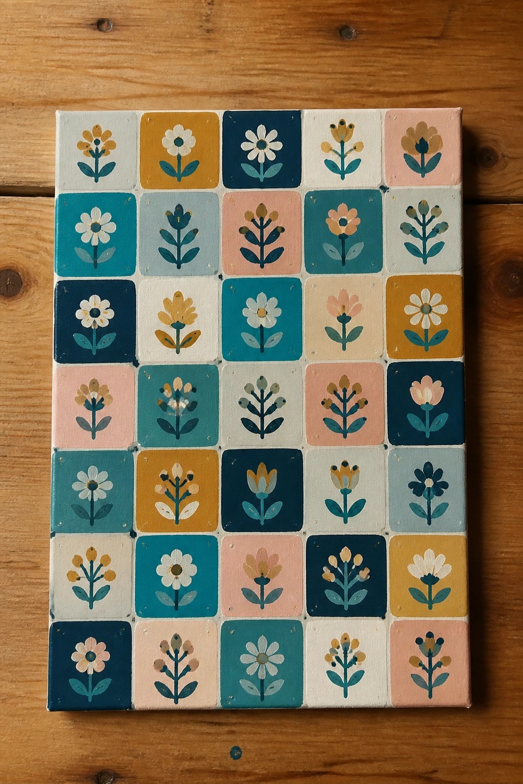 Vibrant grid of hand-painted flowers in assorted colors on wood.