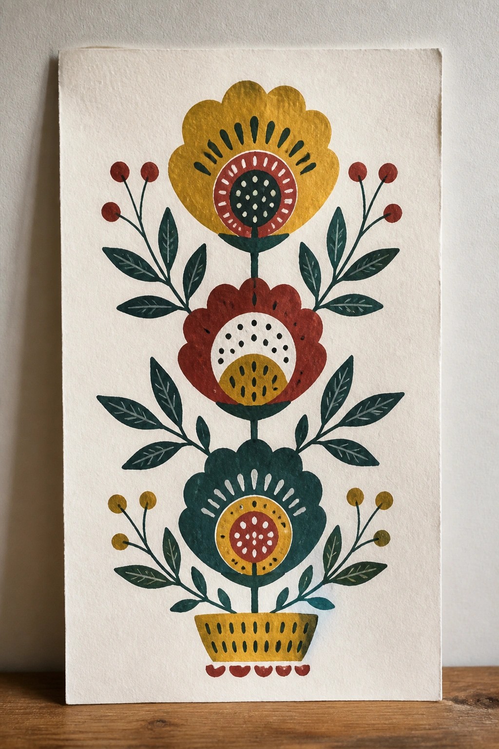 Colorful folk art flowers in a yellow basket with green leaves and berries.