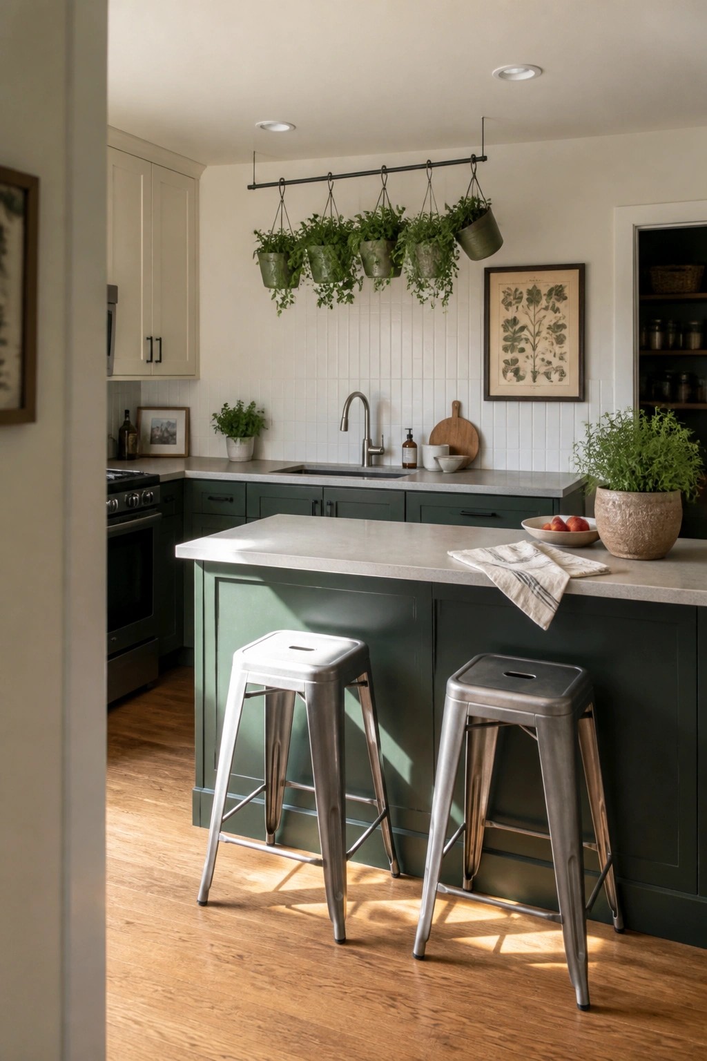Kitchen with deep green cabinets on the island and perimeter walls, topped with light counters and metal stools.