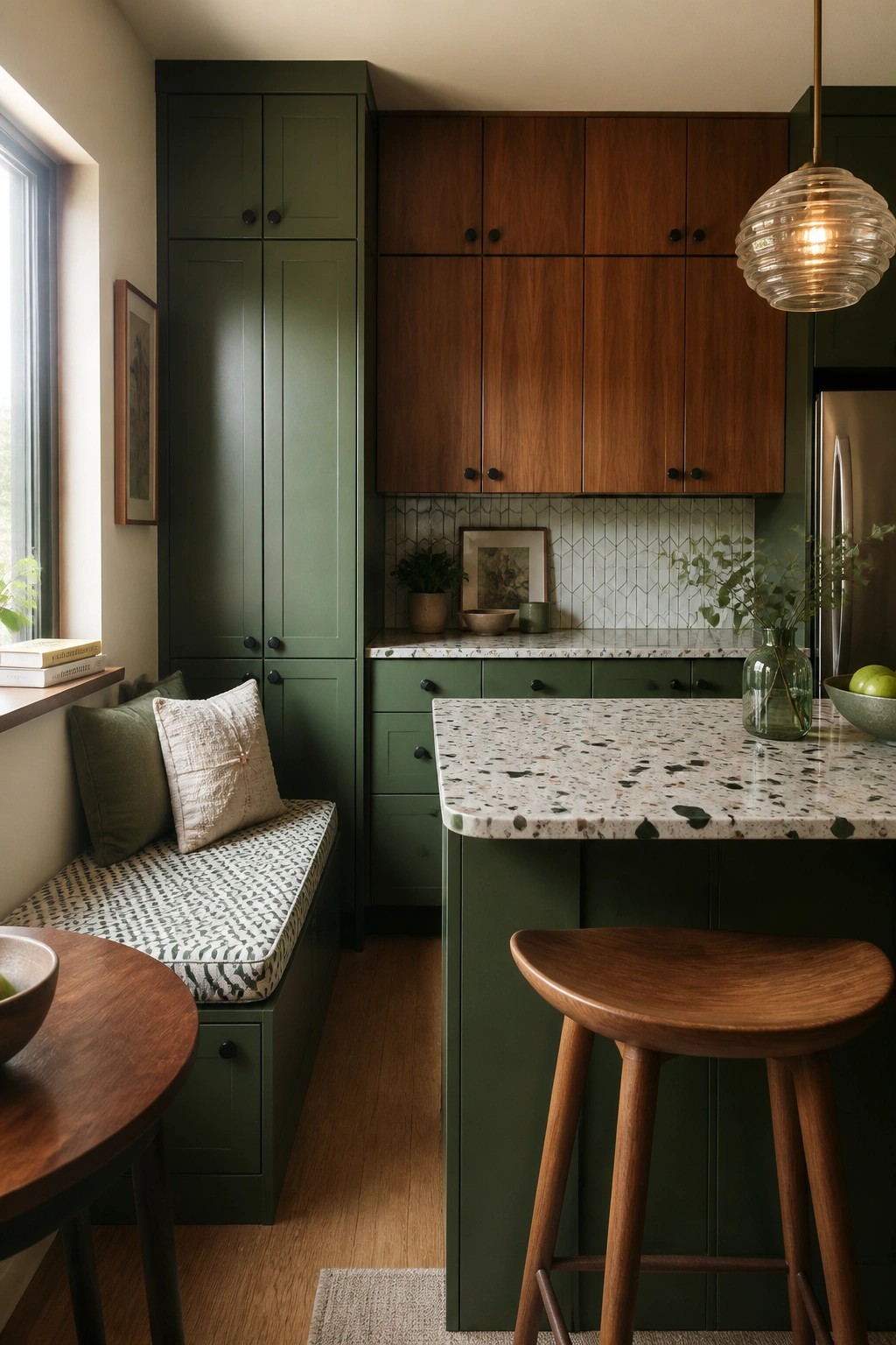 Modern kitchen with green cabinets, terrazzo island, wooden stool, and bench seating.