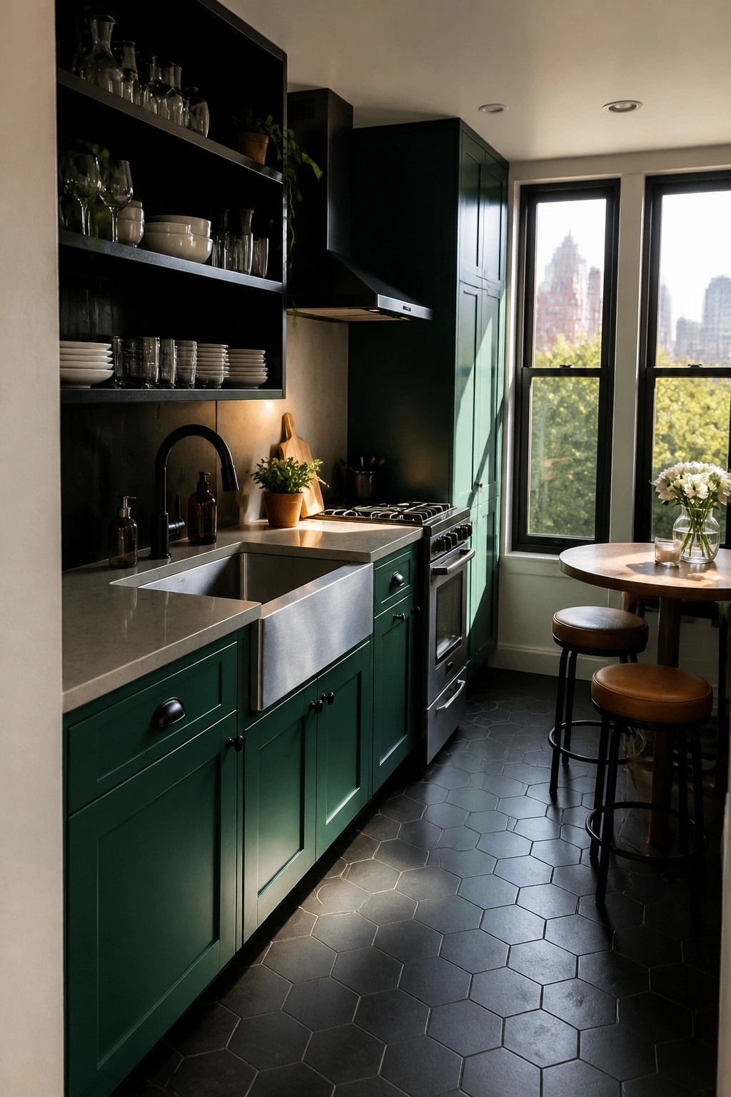 Dark green kitchen with open shelves, stainless sink, hexagonal floor, and city windows.