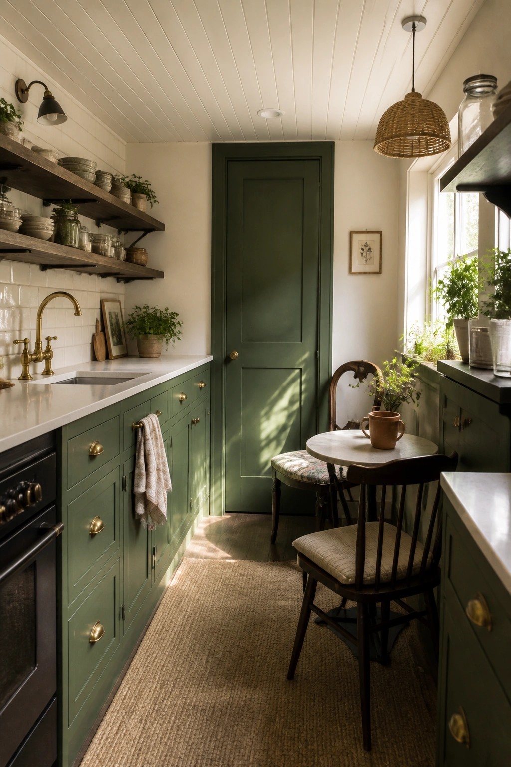 Deep green kitchen cabinets with white countertops and open wooden shelves.