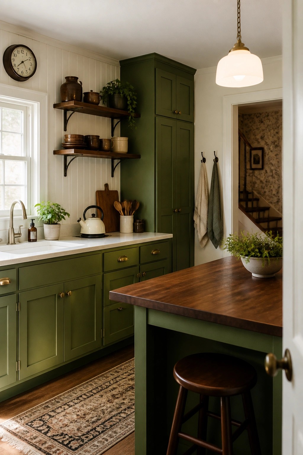 Deep green kitchen cabinets paired with a wood island and open wooden shelves.