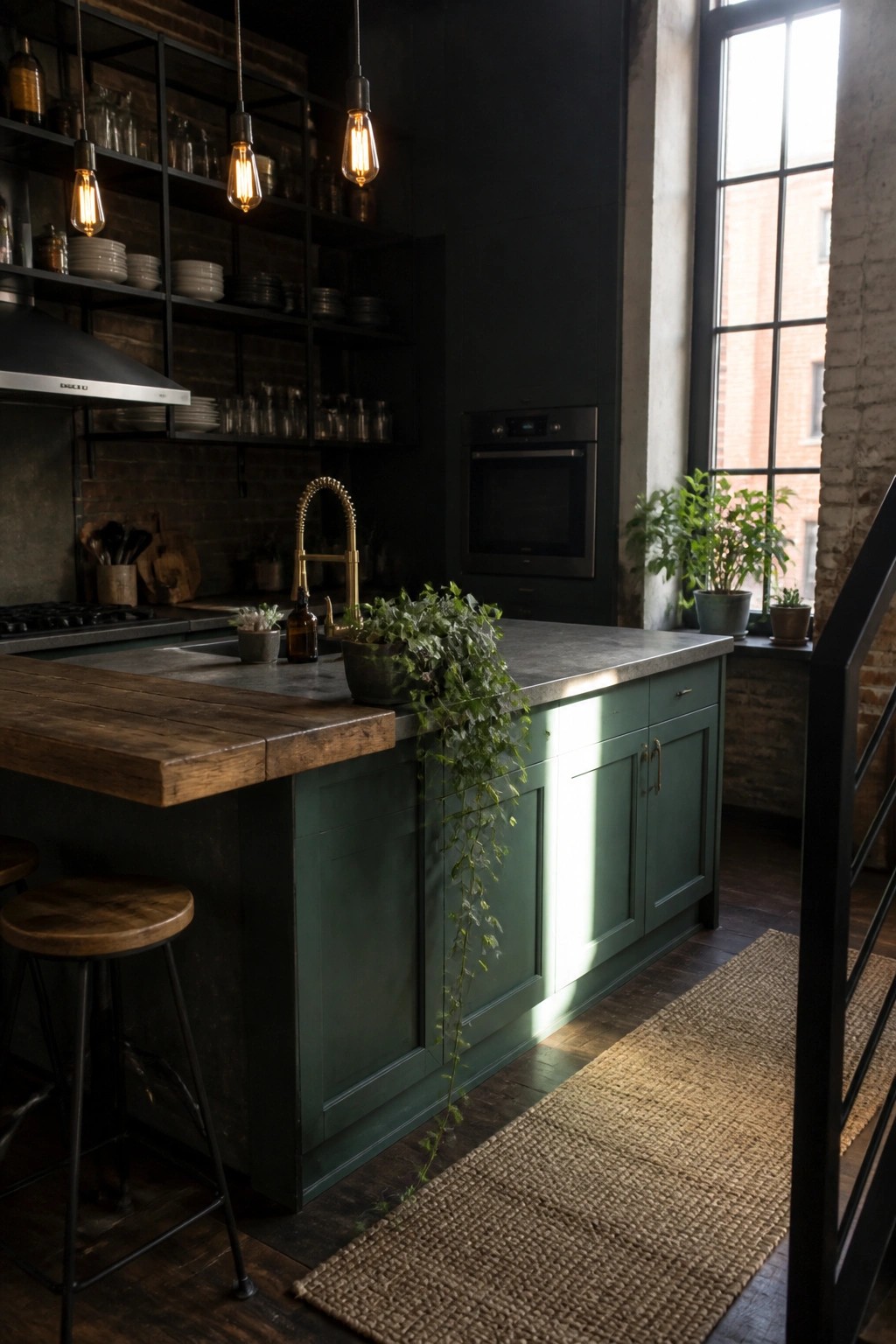 Dark green kitchen island with wooden countertop, hanging plants, and brass faucet.