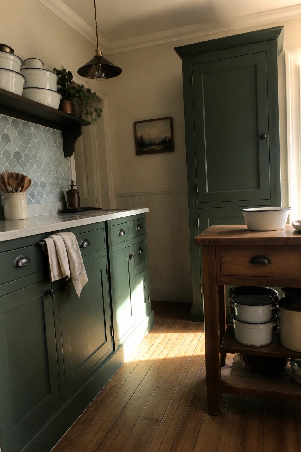 Deep green kitchen cabinets paired with a wooden island in a sunlit room.
