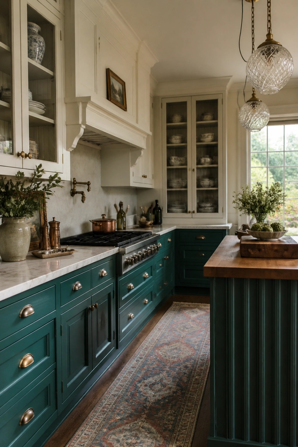 Deep green kitchen cabinets with white marble counters and a wood island.