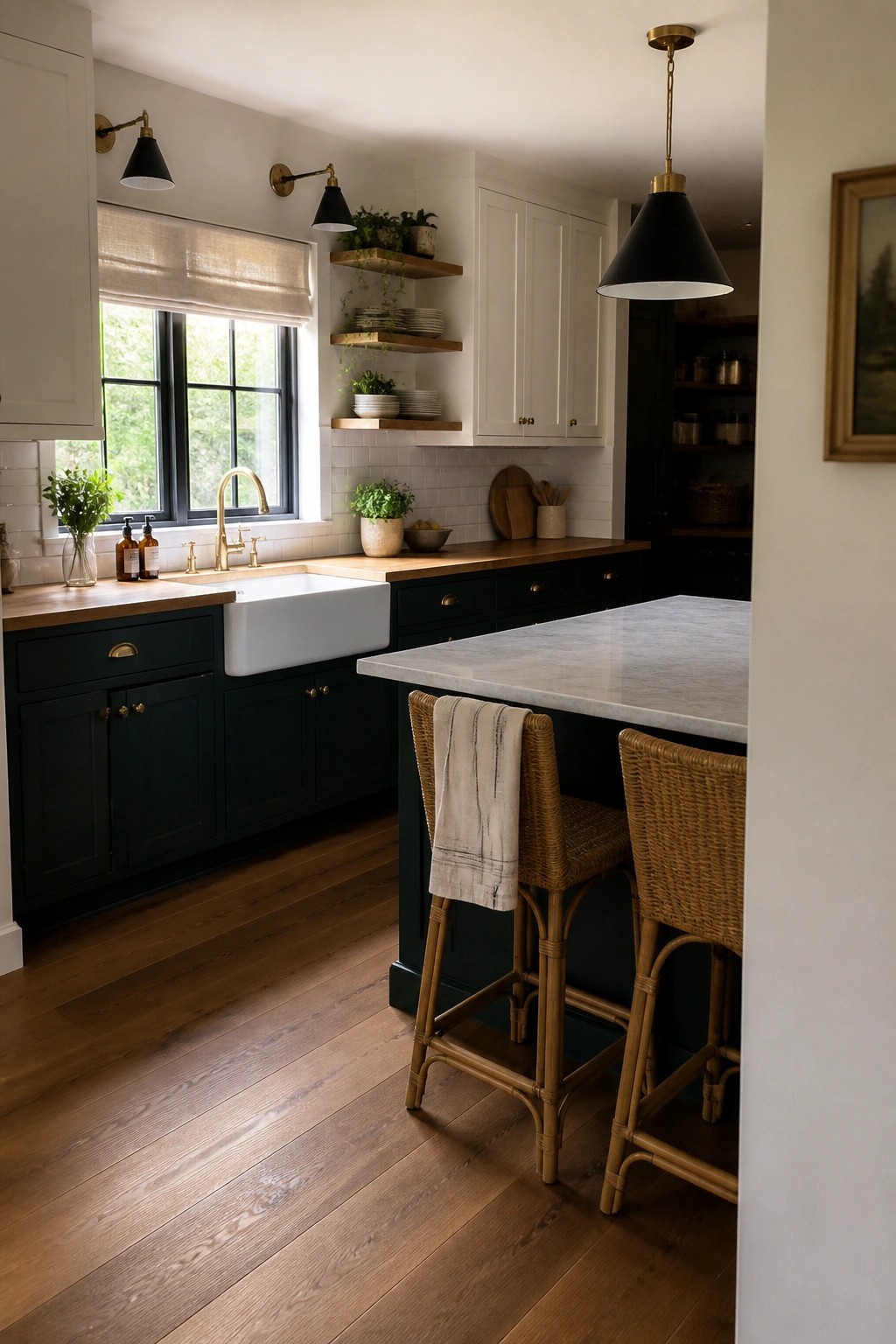 Modern kitchen with dark green cabinets, marble island, woven stools, and pendant light.