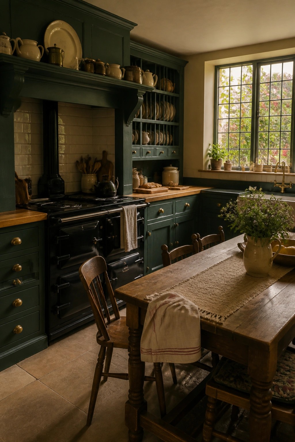 Dark green traditional kitchen with black stove, wooden table and window view