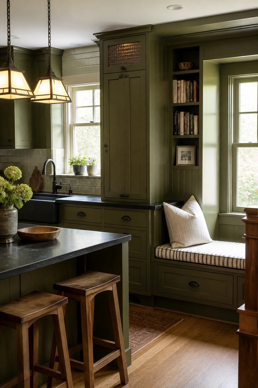 Sage green kitchen with black counters, wooden stools, pendant lights, and window bench nook