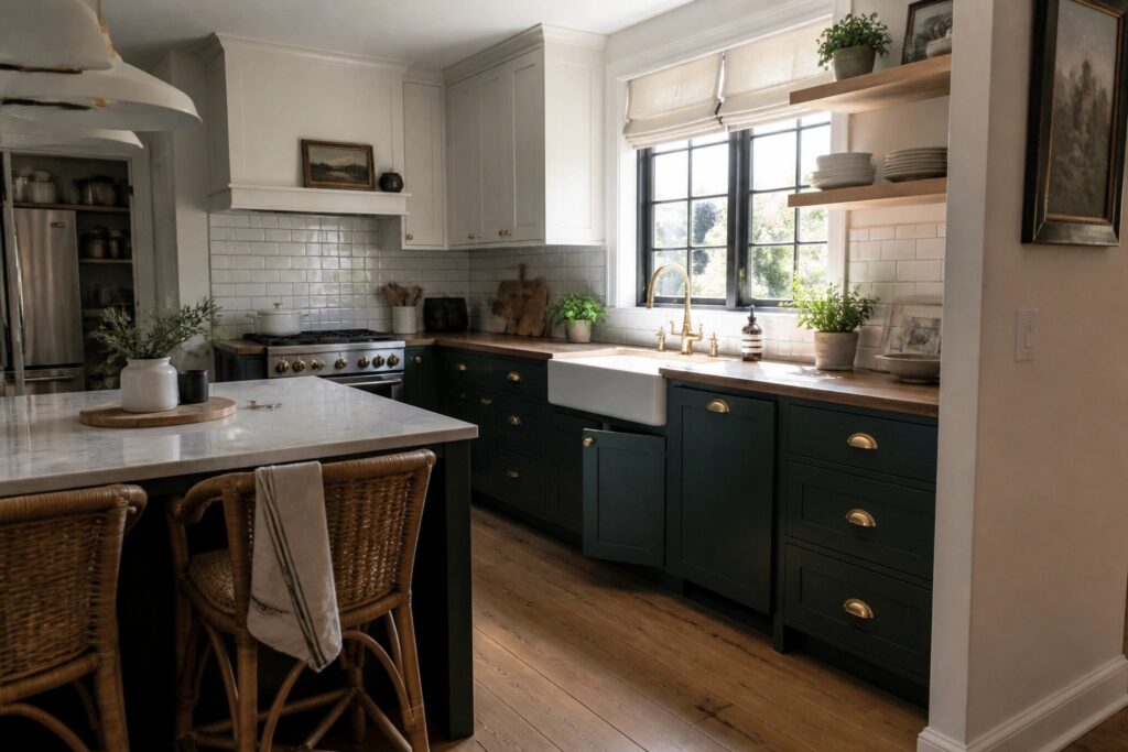 Modern kitchen with dark green cabinets, marble island, woven stools, and pendant light.