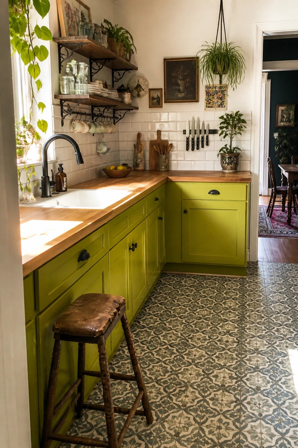 Bright lime green kitchen cabinets paired with wood countertops and open shelves.
