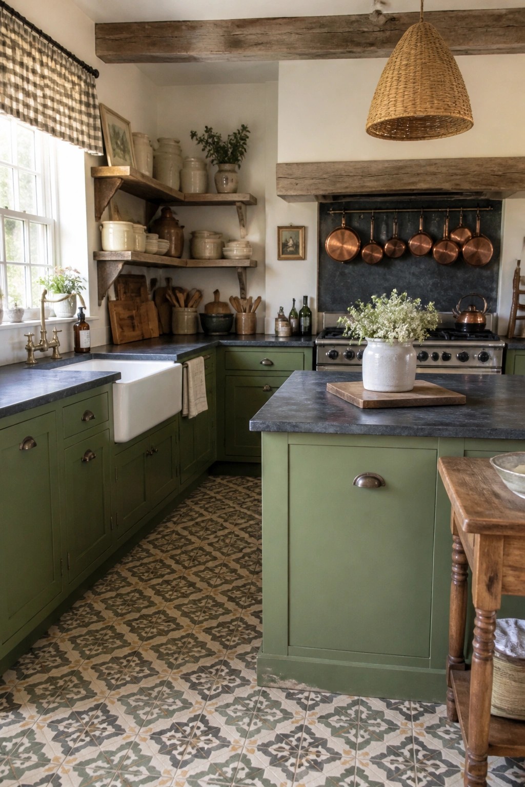 Green kitchen cabinets paired with dark stone counters and wood details.