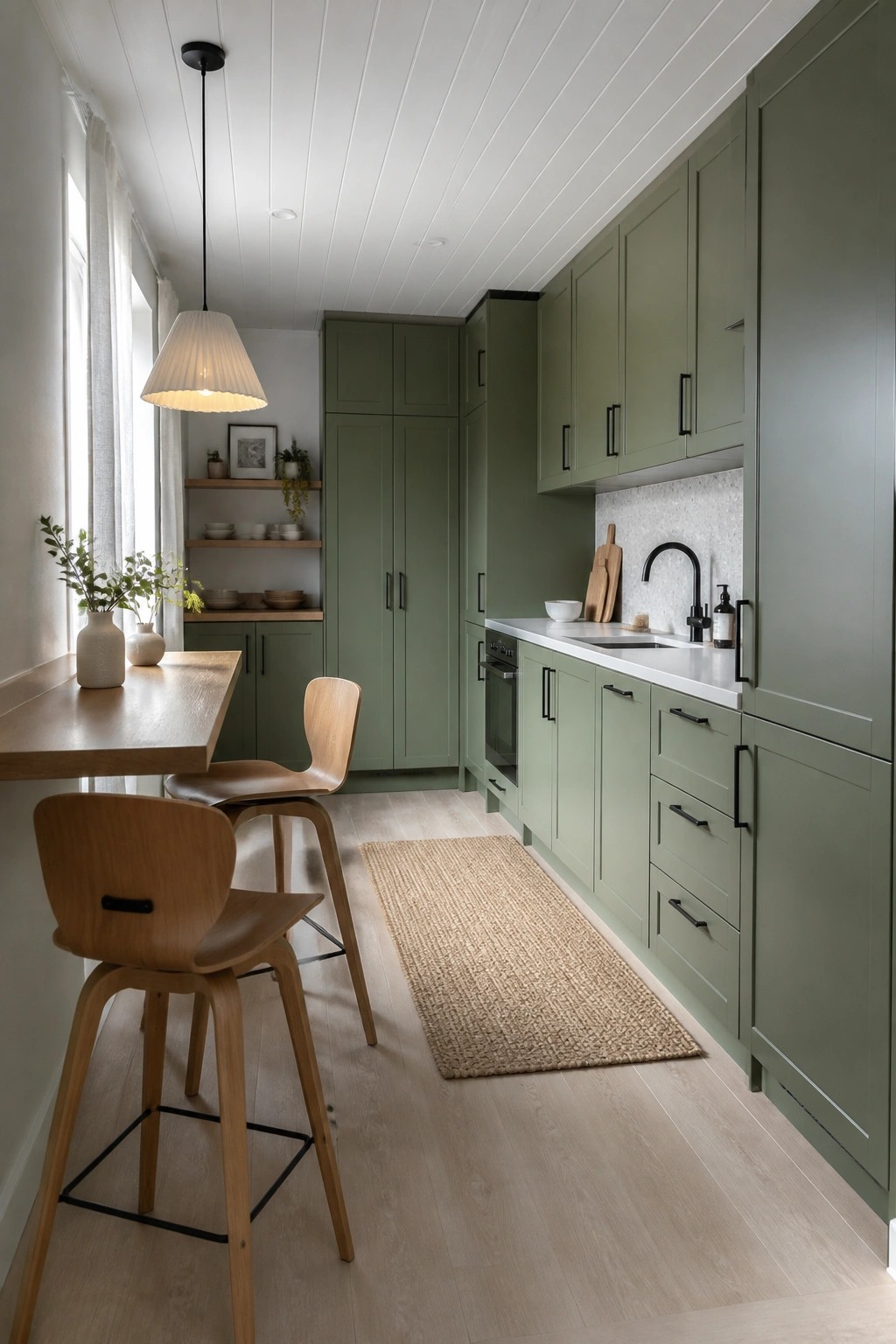 Modern green kitchen with wooden table, bar stools, pendant light, and woven rug.