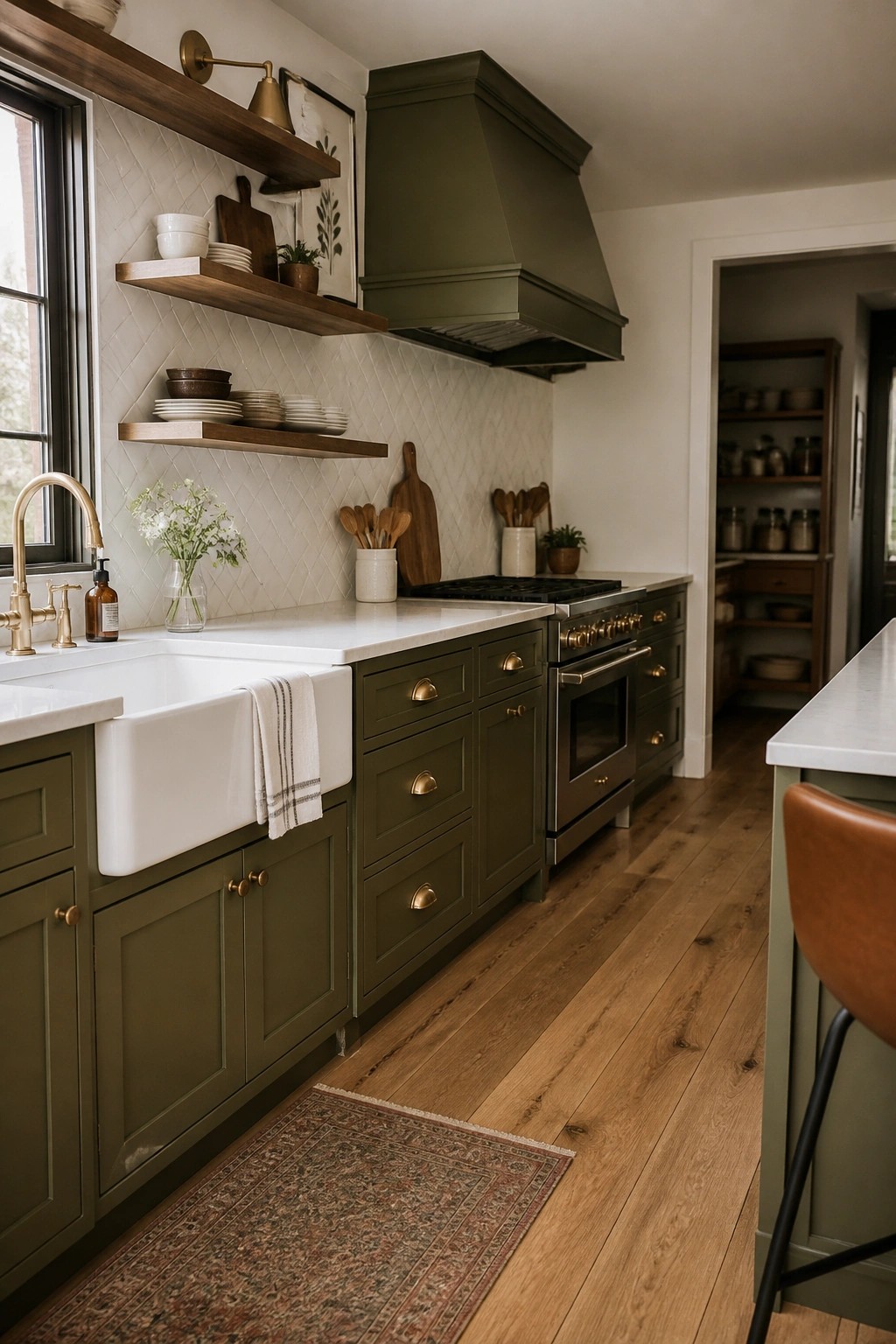 A kitchen with deep olive green cabinets, white counters, and wood open shelves.