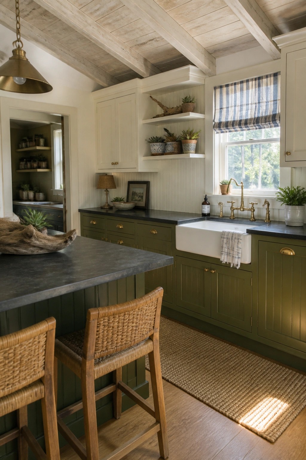 Farmhouse kitchen with green cabinets, white sink, woven bar stools, and jute rug