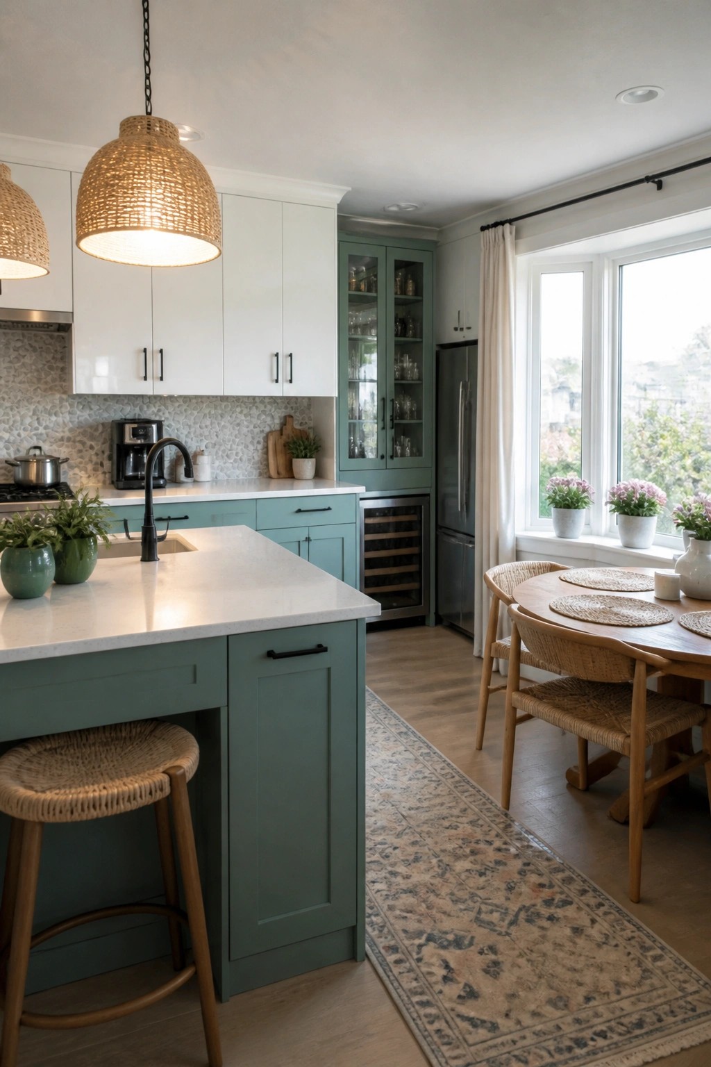 A kitchen showing soft green lower cabinets and island paired with white upper cabinets and counters.